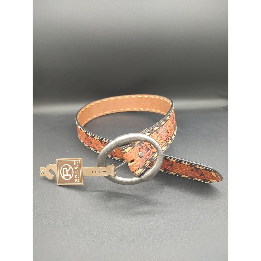 Roper Womens Floral Tooled Genuine Leather Western Belt Brown Orange Size S‎ NEW